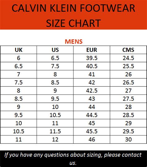 calvin klein footwear size chart.